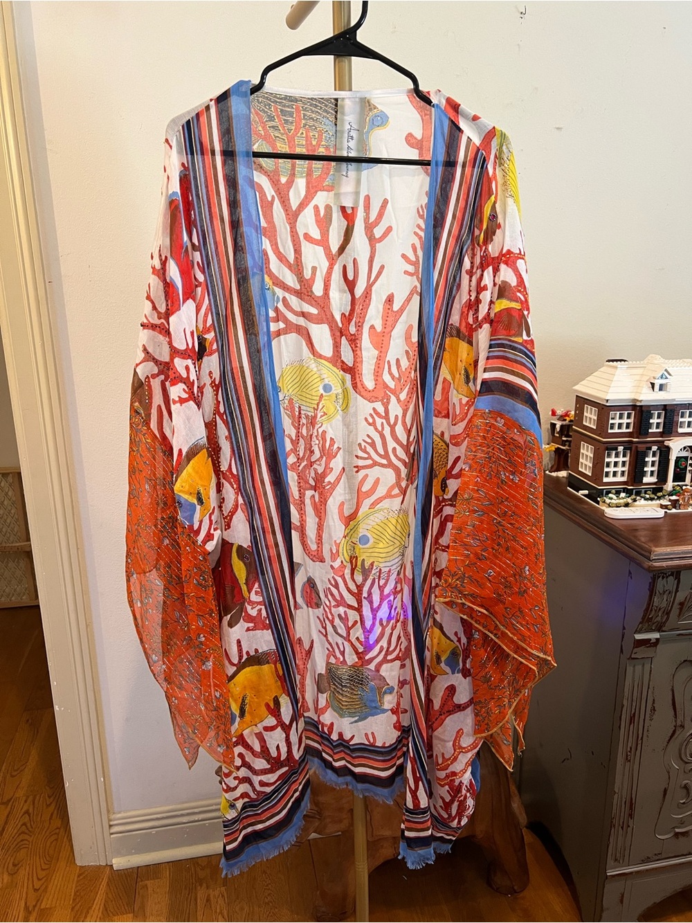 Aratta Sea of Belief Orange Coral Reef Kimono with Multicolor Fish